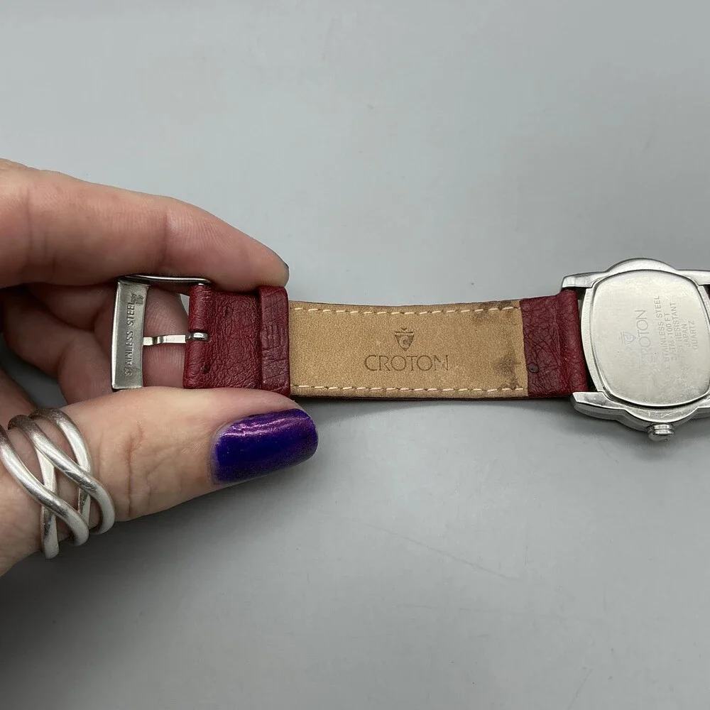 Croton Womens Watch 33mm Silver Tone Red Cushion Ostrich Leather New Battery